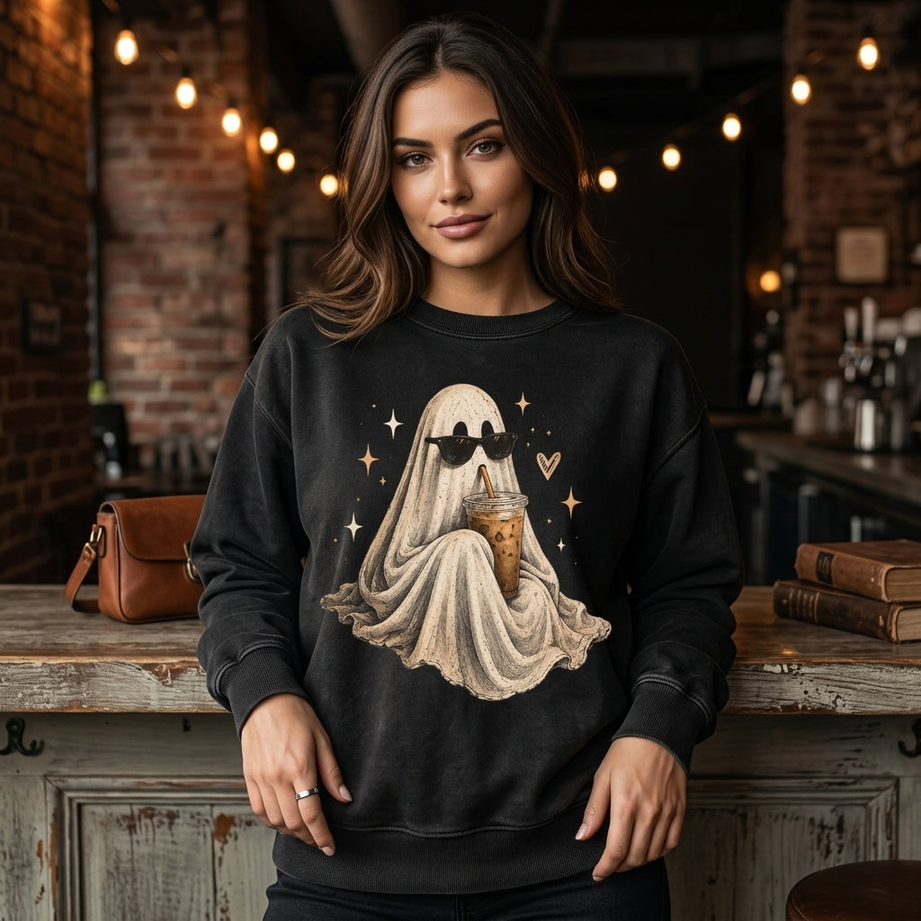 Cool Ghost Drinking Iced Coffee T-shirt Sweatshirt Hoodie – Spooky Season Gift for Coffee Lovers - mockup 1