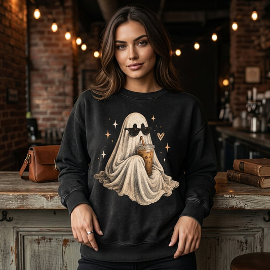 Cool Ghost Drinking Iced Coffee T-shirt Sweatshirt Hoodie – Spooky Season Gift for Coffee Lovers - mockup 1