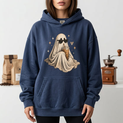 Cool Ghost Drinking Iced Coffee T-shirt Sweatshirt Hoodie – Spooky Season Gift for Coffee Lovers - mockup 2