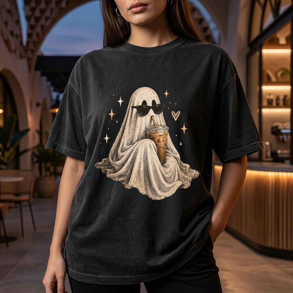 Cool Ghost Drinking Iced Coffee T-shirt Sweatshirt Hoodie – Spooky Season Gift for Coffee Lovers - mockup 3