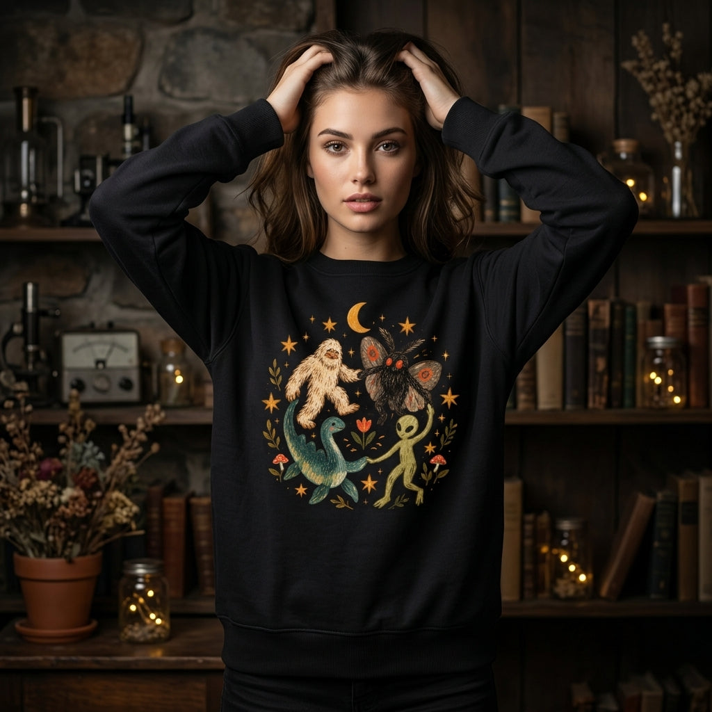 Dancing Cryptid Friends Whimsical T-shirt Sweatshirt Hoodie – Fun Paranormal Gift - mockup 1