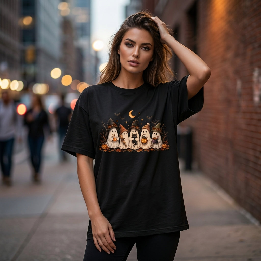 Five Cute Halloween Ghosts Graphic T-shirt Sweatshirt Hoodie – Cozy Fall Autumn Shirt - mockup 1