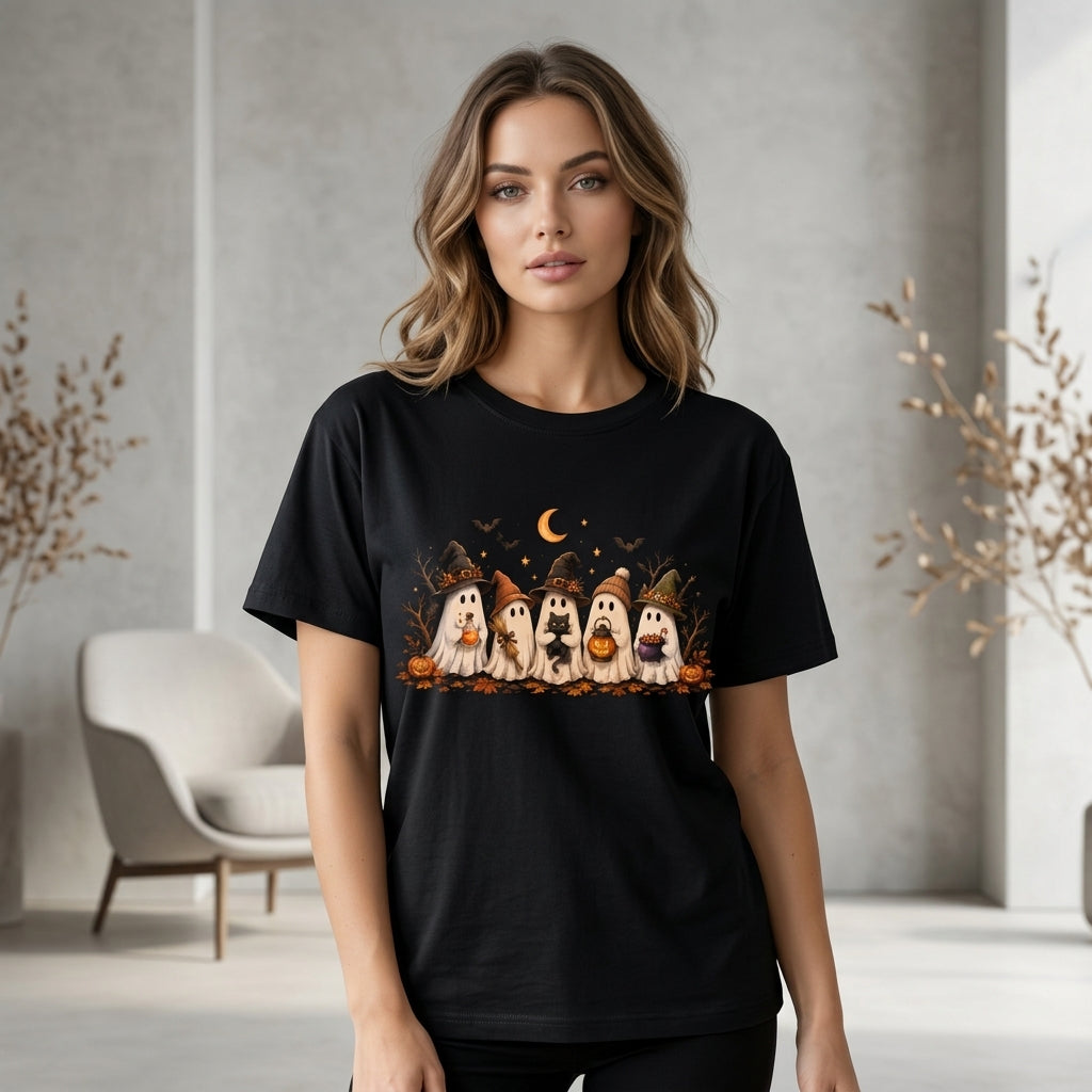 Five Cute Halloween Ghosts Graphic T-shirt Sweatshirt Hoodie – Cozy Fall Autumn Shirt - mockup 2