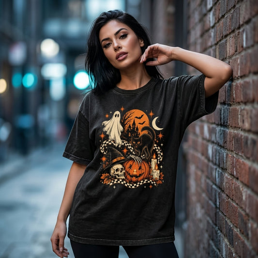 Vintage Black Cat Ghost Skeleton T-Shirt - Retro Spooky Cute Pumpkin Halloween Hoodie - mockup 1