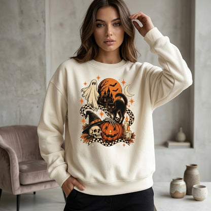 Vintage Black Cat Ghost Skeleton T-Shirt - Retro Spooky Cute Pumpkin Halloween Hoodie - mockup 2