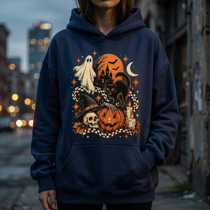 Vintage Black Cat Ghost Skeleton T-Shirt - Retro Spooky Cute Pumpkin Halloween Hoodie - mockup 3