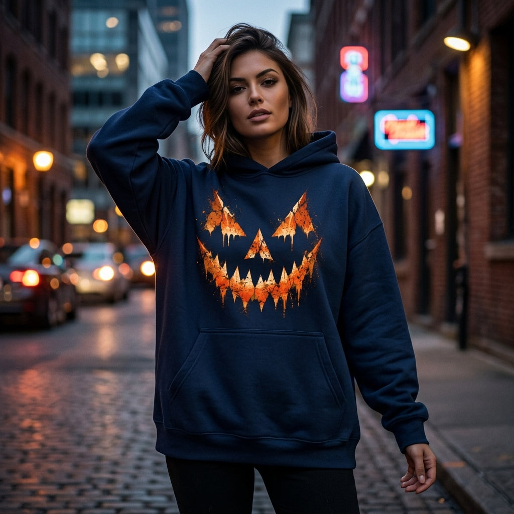 Grunge Jack O Lantern Halloween T-shirt Sweatshirt Hoodie – Spooky Pumpkin Face Fall Apparel - mockup 3