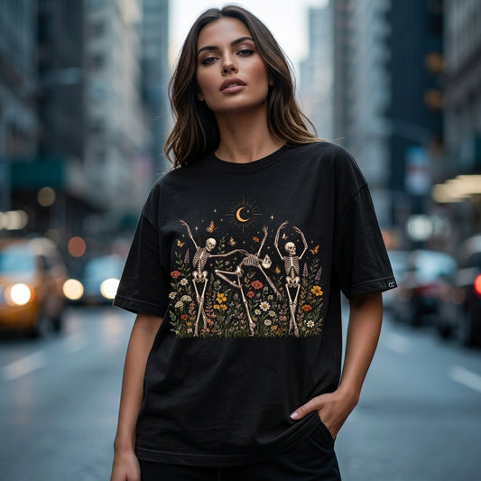 Cottagecore Dancing Skeleton Wildflower Garden T-shirt Sweatshirt Hoodie – Funny Halloween Gift - mockup 1