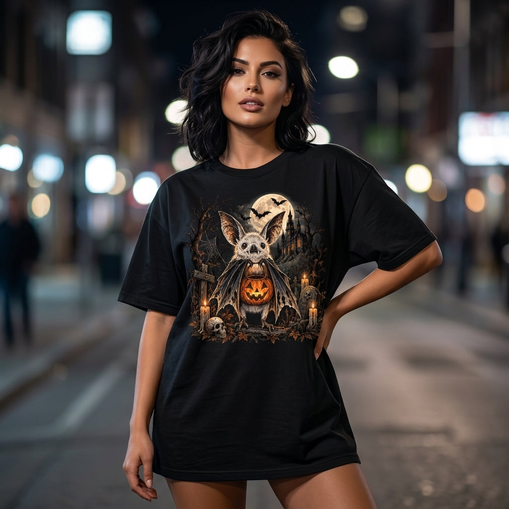 Retro Halloween Bat and Pumpkin T-Shirt Sweatshirt Hoodie – Spooky Season Graphic Apparel - mockup 1