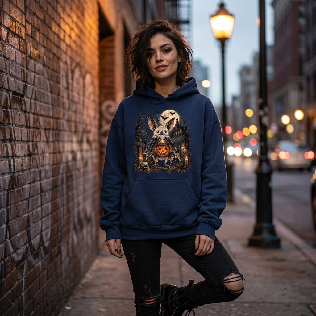Retro Halloween Bat and Pumpkin T-Shirt Sweatshirt Hoodie – Spooky Season Graphic Apparel - mockup 3