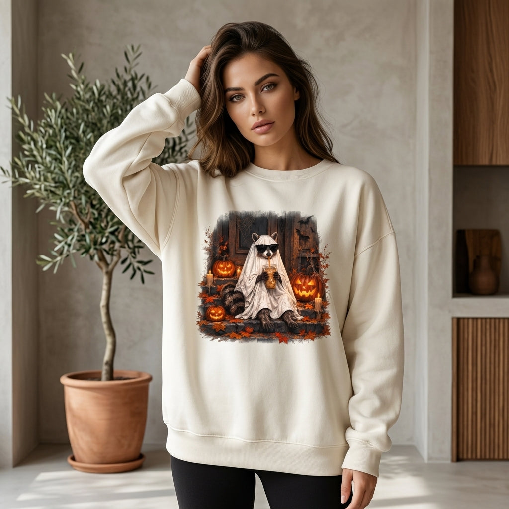18 Ghost Raccoon Coffee Shirt Funny Halloween Iced Coffee T-shirt Sweatshirt Hoodie - mockup 2