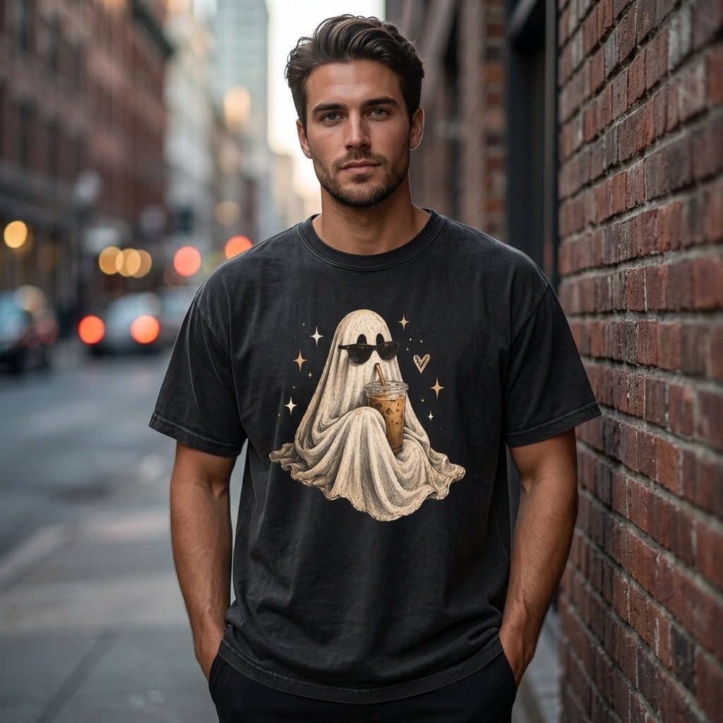 Retro Ghost Drinking Coffee T-shirt Sweatshirt Hoodie – Vintage Halloween Iced Latte Tee - mockup 1