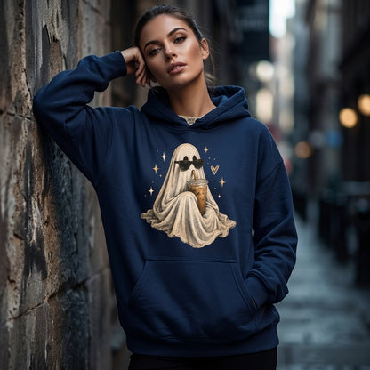 Retro Ghost Drinking Coffee T-shirt Sweatshirt Hoodie – Vintage Halloween Iced Latte Tee - mockup 3
