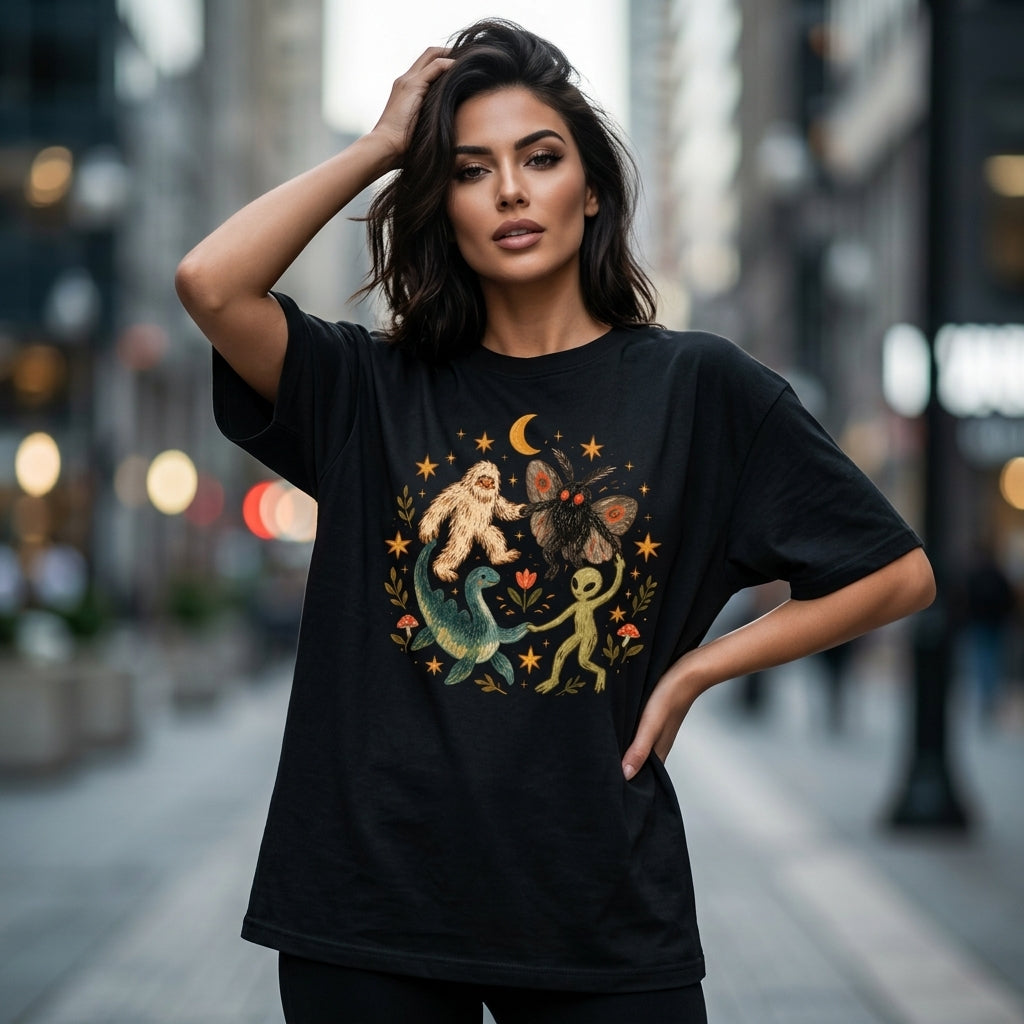 Dancing Cryptids Graphic Tee Bigfoot Mothman Alien T-shirt Sweatshirt Hoodie – Halloween Gift - mockup 1
