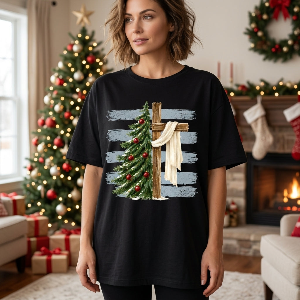 Christian Christmas Cross and Tree T-shirt Sweatshirt Hoodie – Faith Holiday Apparel - mockup 3