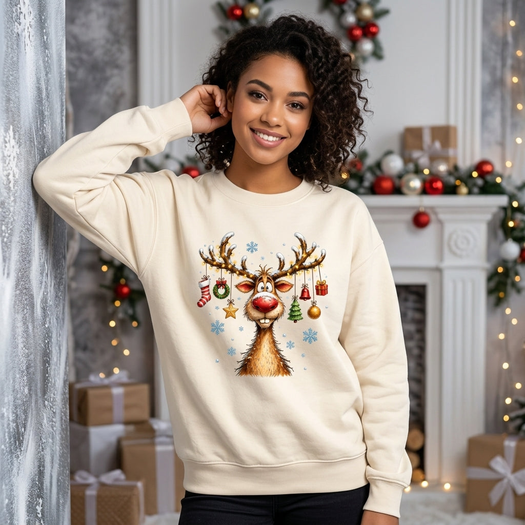 Funny Reindeer with Christmas Antler Ornaments T-shirt Sweatshirt Hoodie – Festive Holiday Apparel - mockup 1