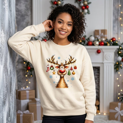 Funny Reindeer with Christmas Antler Ornaments T-shirt Sweatshirt Hoodie – Festive Holiday Apparel - mockup 1