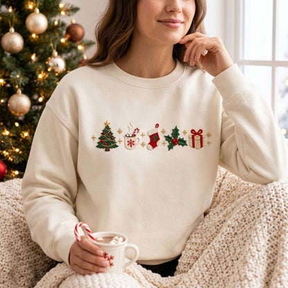 Embroidered Christmas Icons T-shirt Sweatshirt Hoodie – Minimalist Holiday Tree & Hot Cocoa Gift - mockup 1