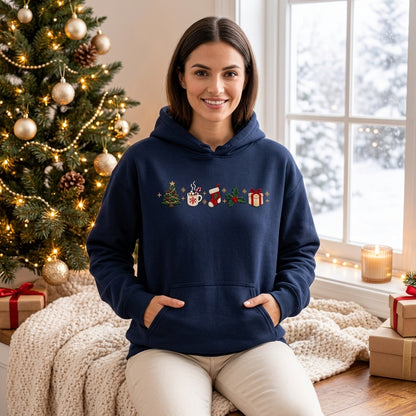Embroidered Christmas Icons T-shirt Sweatshirt Hoodie – Minimalist Holiday Tree & Hot Cocoa Gift - mockup 2