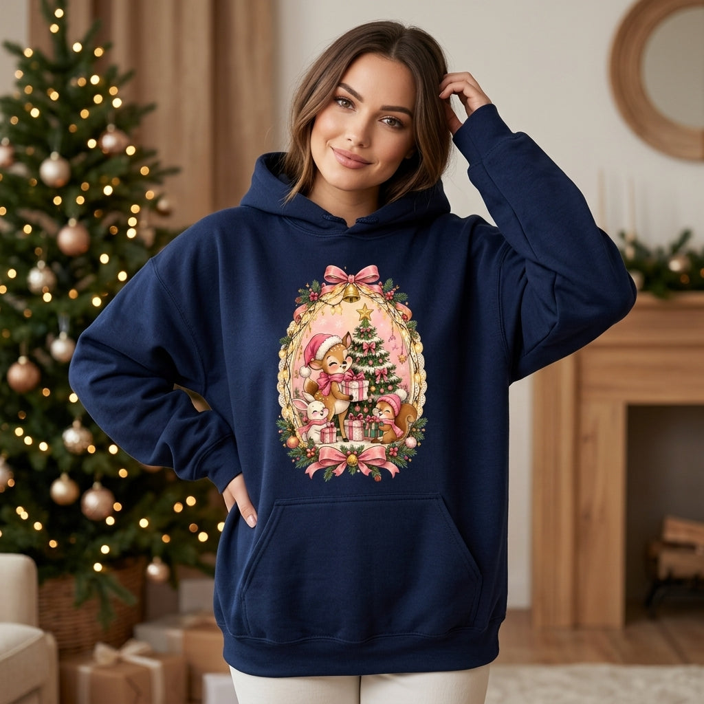 Pastel Cute Forest Animals Christmas Tree T-shirt Sweatshirt Hoodie – Holiday Gift - mockup 2