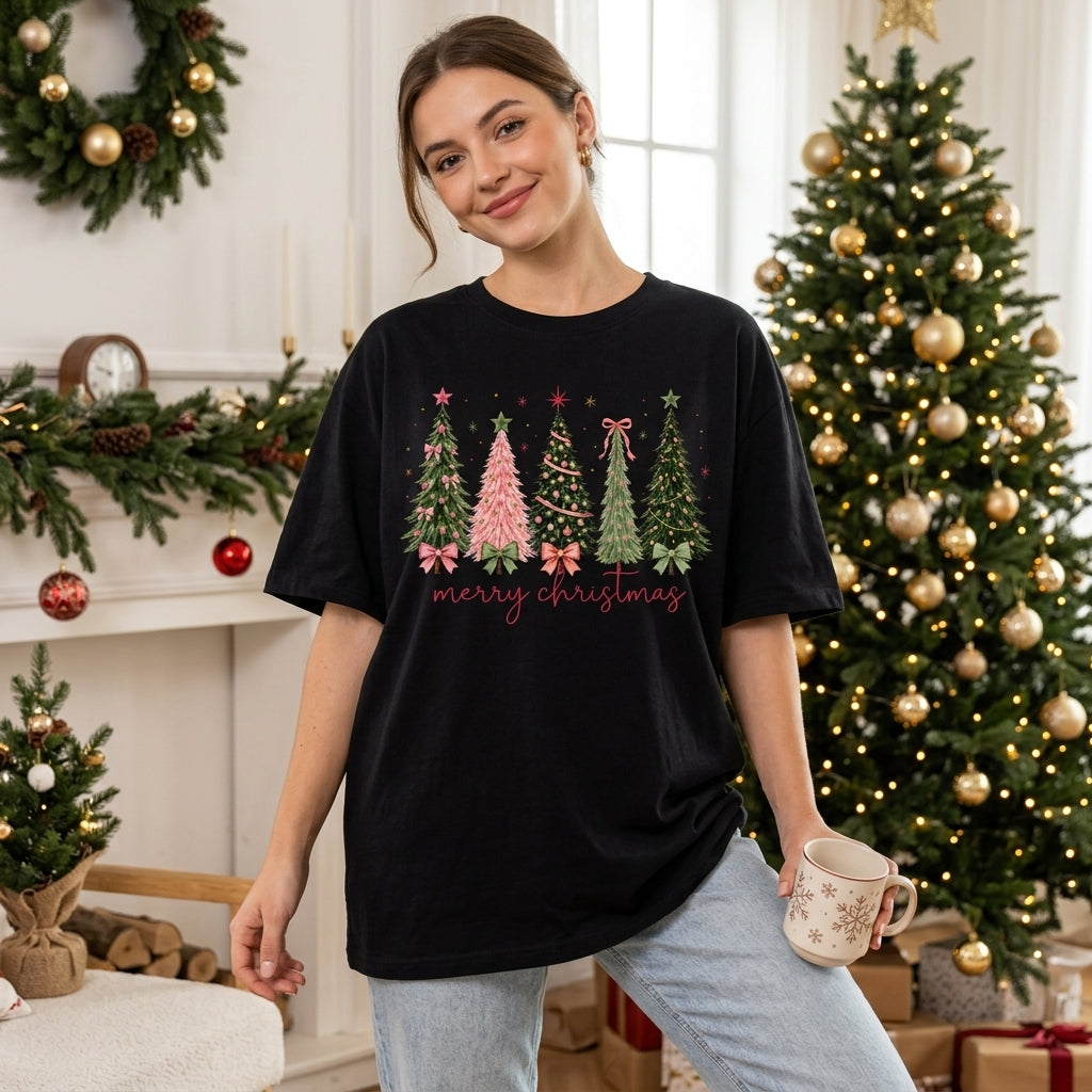 Watercolor Merry Christmas Trees Sweatshirt Hoodie T-shirt for Women - mockup 3