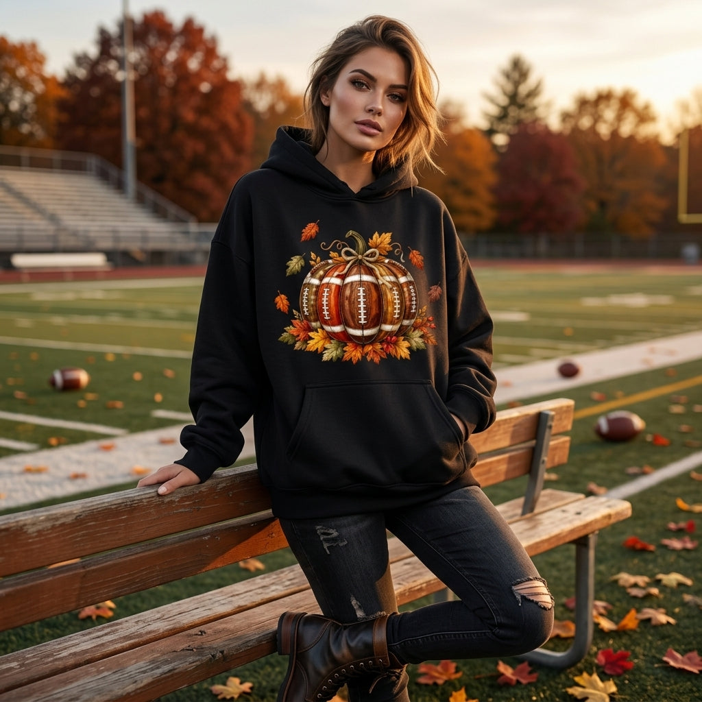 Football Pumpkin Graphic T-shirt Sweatshirt Hoodie – Cute Fall Game Day Sports Fan Apparel - mockup 1