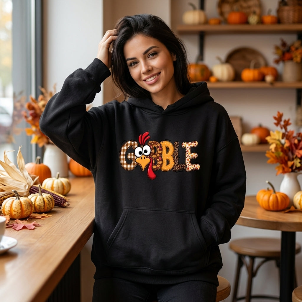 Cute Gobble Turkey Patchwork T-shirt Sweatshirt Hoodie for Family Thanksgiving - mockup 1