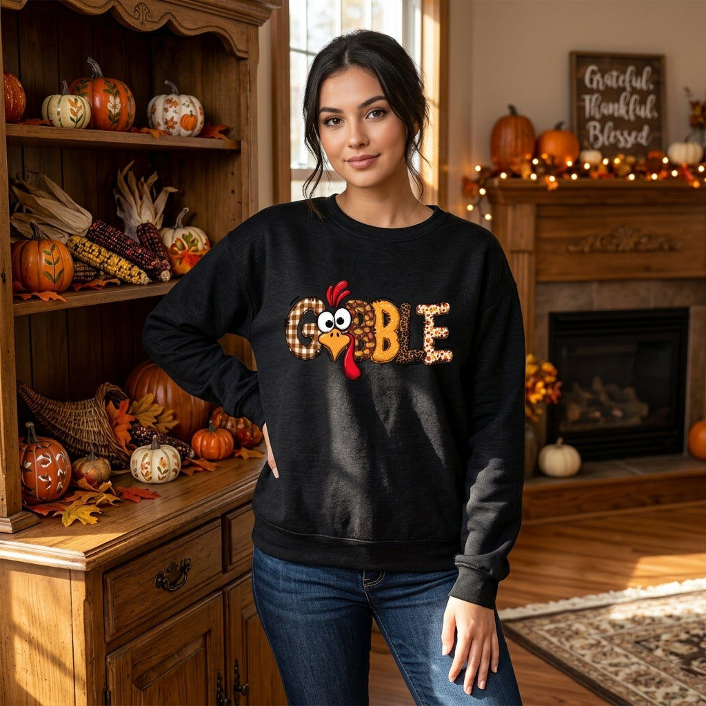 Cute Gobble Turkey Patchwork T-shirt Sweatshirt Hoodie for Family Thanksgiving - mockup 2