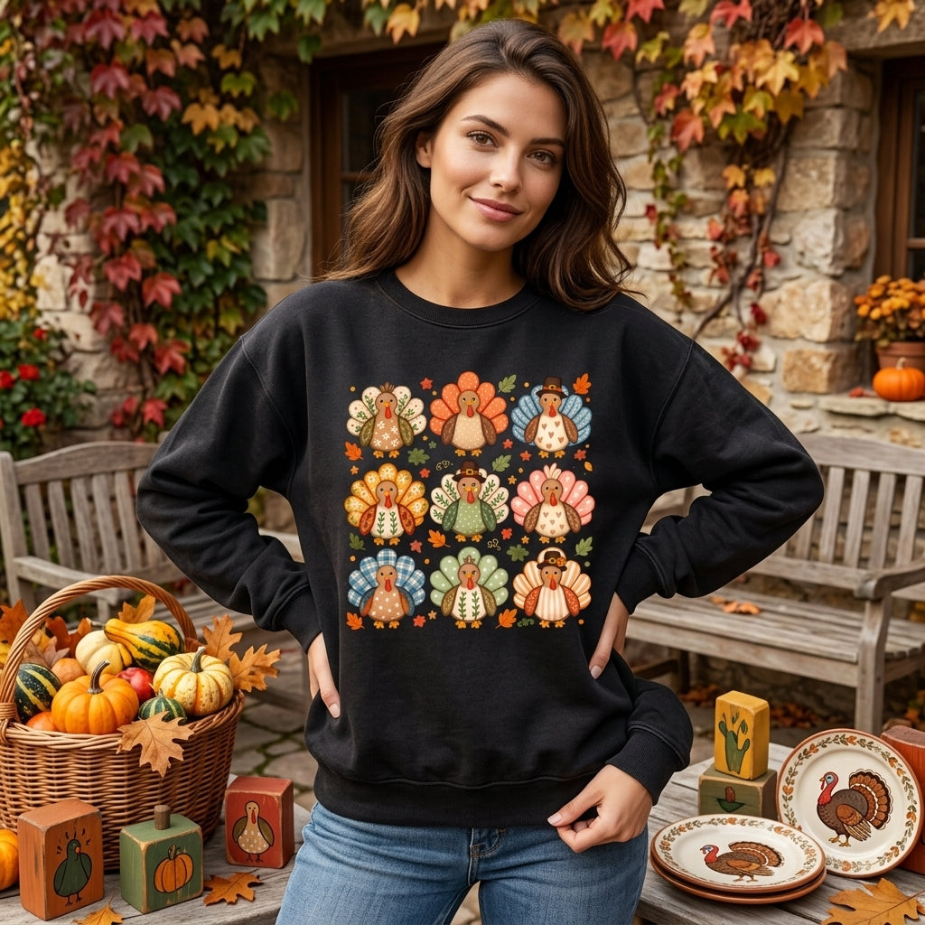 Nine Whimsical Boho Turkey Thanksgiving T-shirt Sweatshirt Hoodie – Preppy Fall Floral Gift - mockup 2