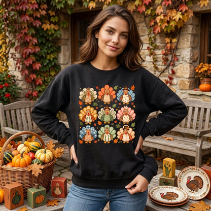 Nine Whimsical Boho Turkey Thanksgiving T-shirt Sweatshirt Hoodie – Preppy Fall Floral Gift - mockup 2