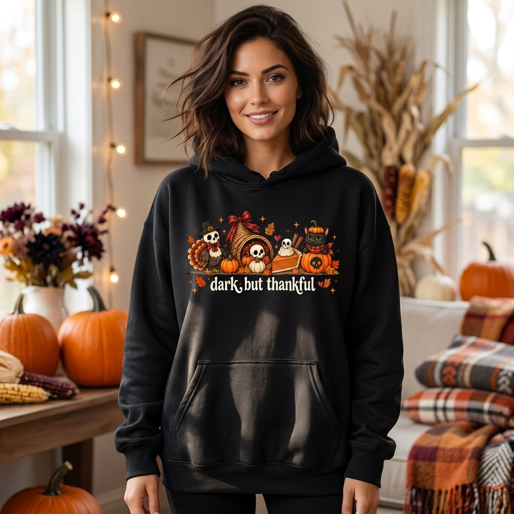 Dark But Thankful Gothic Thanksgiving Sweatshirt - Spooky Skeleton Turkey T-shirt Hoodie - mockup 1