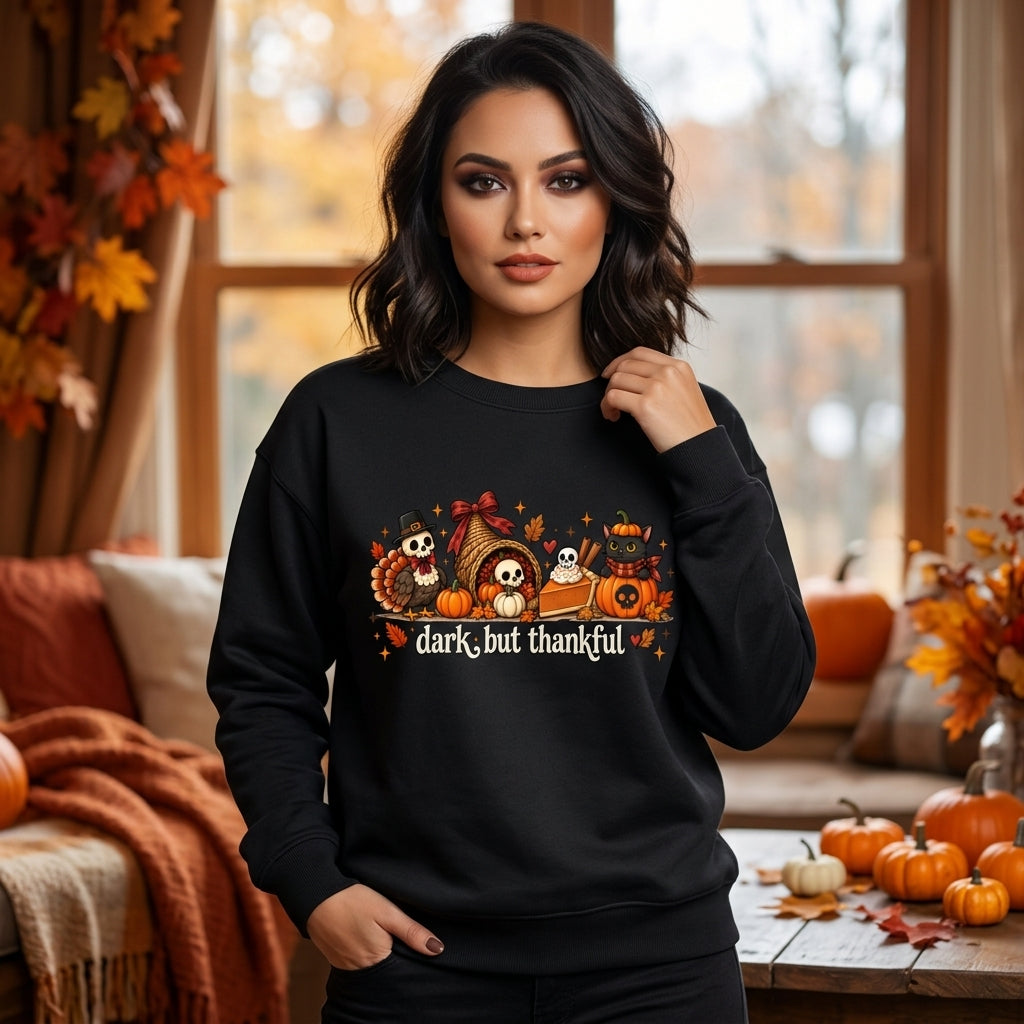 Dark But Thankful Gothic Thanksgiving Sweatshirt - Spooky Skeleton Turkey T-shirt Hoodie - mockup 2