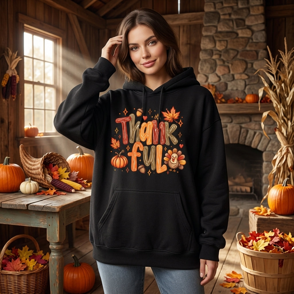 Retro Thankful Fall Typography T-shirt Sweatshirt Hoodie – Cozy Thanksgiving Gift for Women - mockup 1