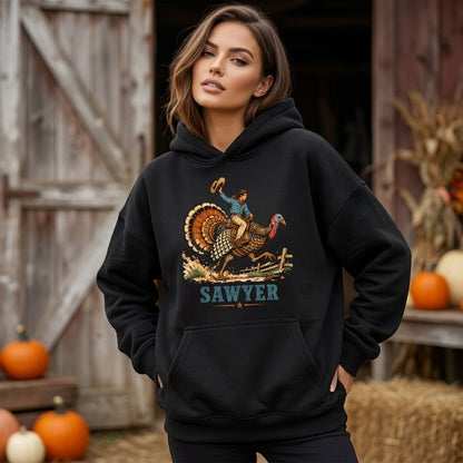 Personalized Cowboy Turkey Riding T-shirt Sweatshirt Hoodie – Boys Thanksgiving Gift - mockup 1