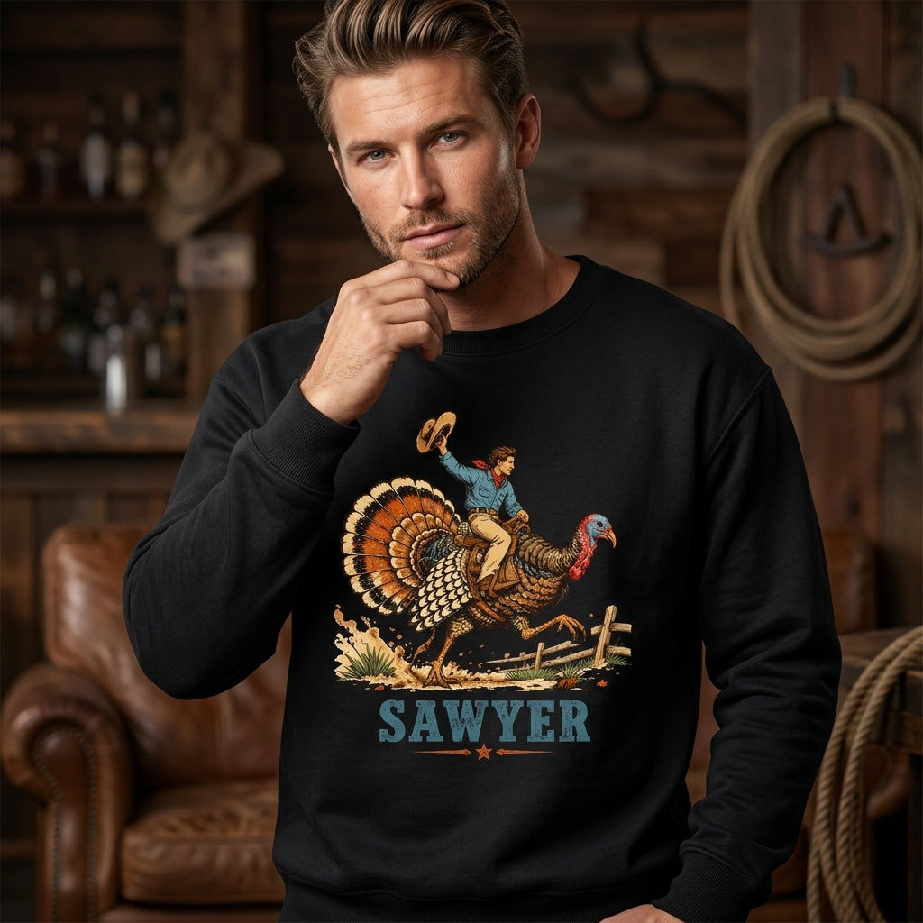 Personalized Cowboy Turkey Riding T-shirt Sweatshirt Hoodie – Boys Thanksgiving Gift - mockup 2