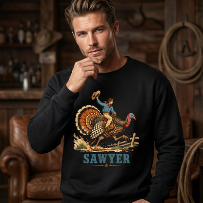 Personalized Cowboy Turkey Riding T-shirt Sweatshirt Hoodie – Boys Thanksgiving Gift - mockup 2