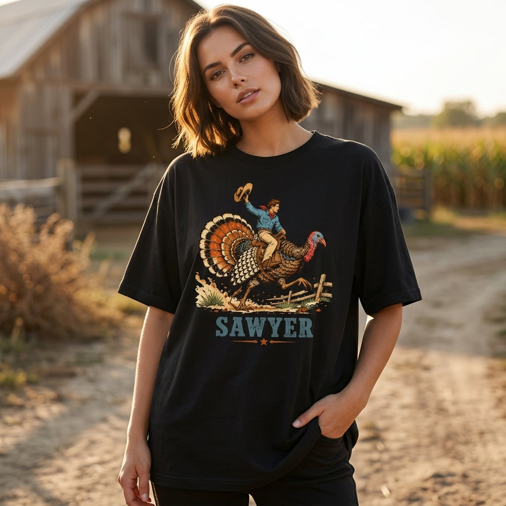 Personalized Cowboy Turkey Riding T-shirt Sweatshirt Hoodie – Boys Thanksgiving Gift - mockup 3