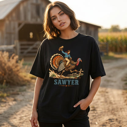 Personalized Cowboy Turkey Riding T-shirt Sweatshirt Hoodie – Boys Thanksgiving Gift - mockup 3