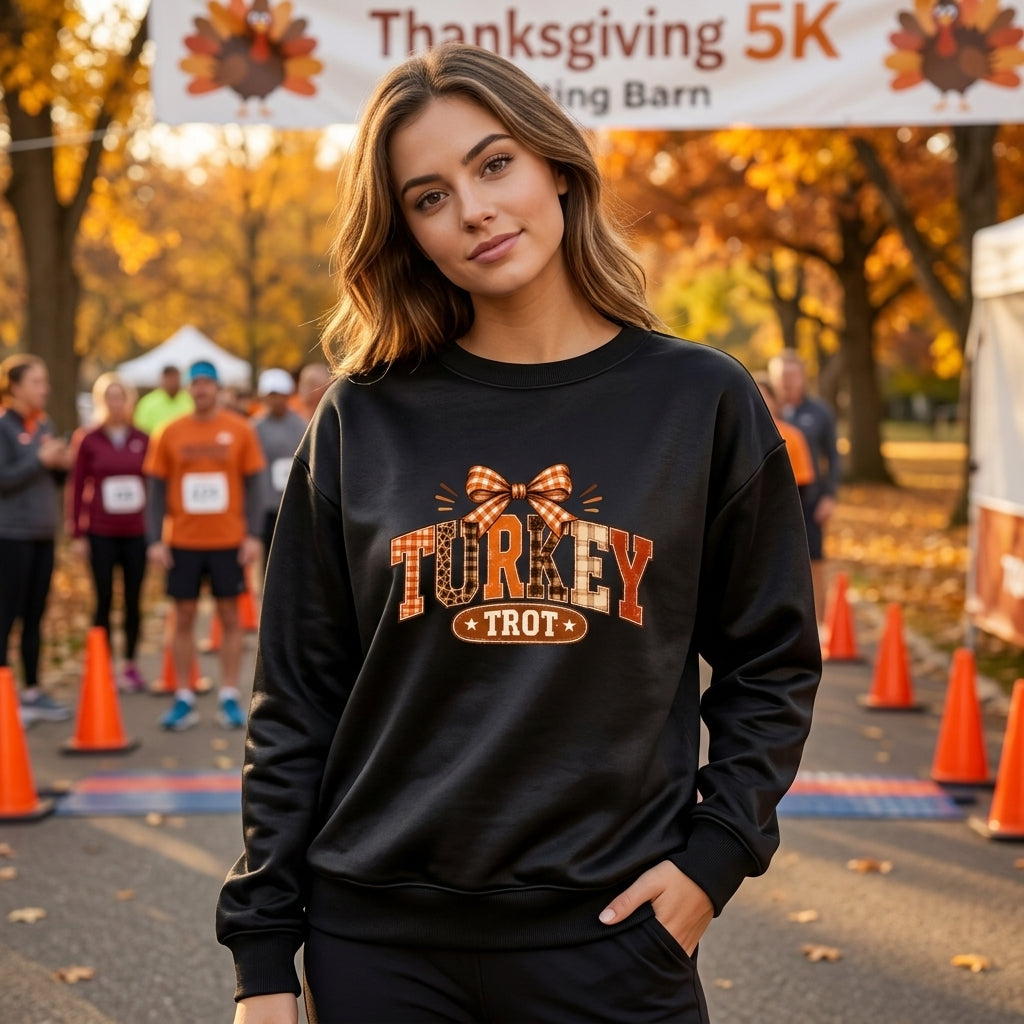 Custom Turkey Trot Bow T-shirt Sweatshirt Hoodie – Thanksgiving Family Running Team - mockup 2