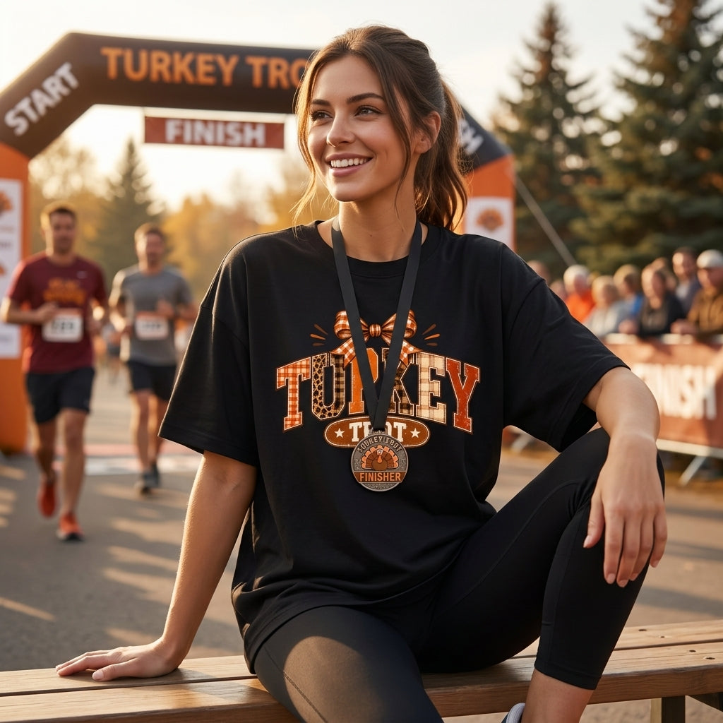 Custom Turkey Trot Bow T-shirt Sweatshirt Hoodie – Thanksgiving Family Running Team - mockup 3
