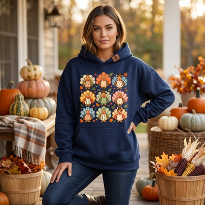 Boho Turkey Grid Thanksgiving T-shirt Sweatshirt Hoodie – Whimsical Preppy Fall Gift for Women - mockup 2
