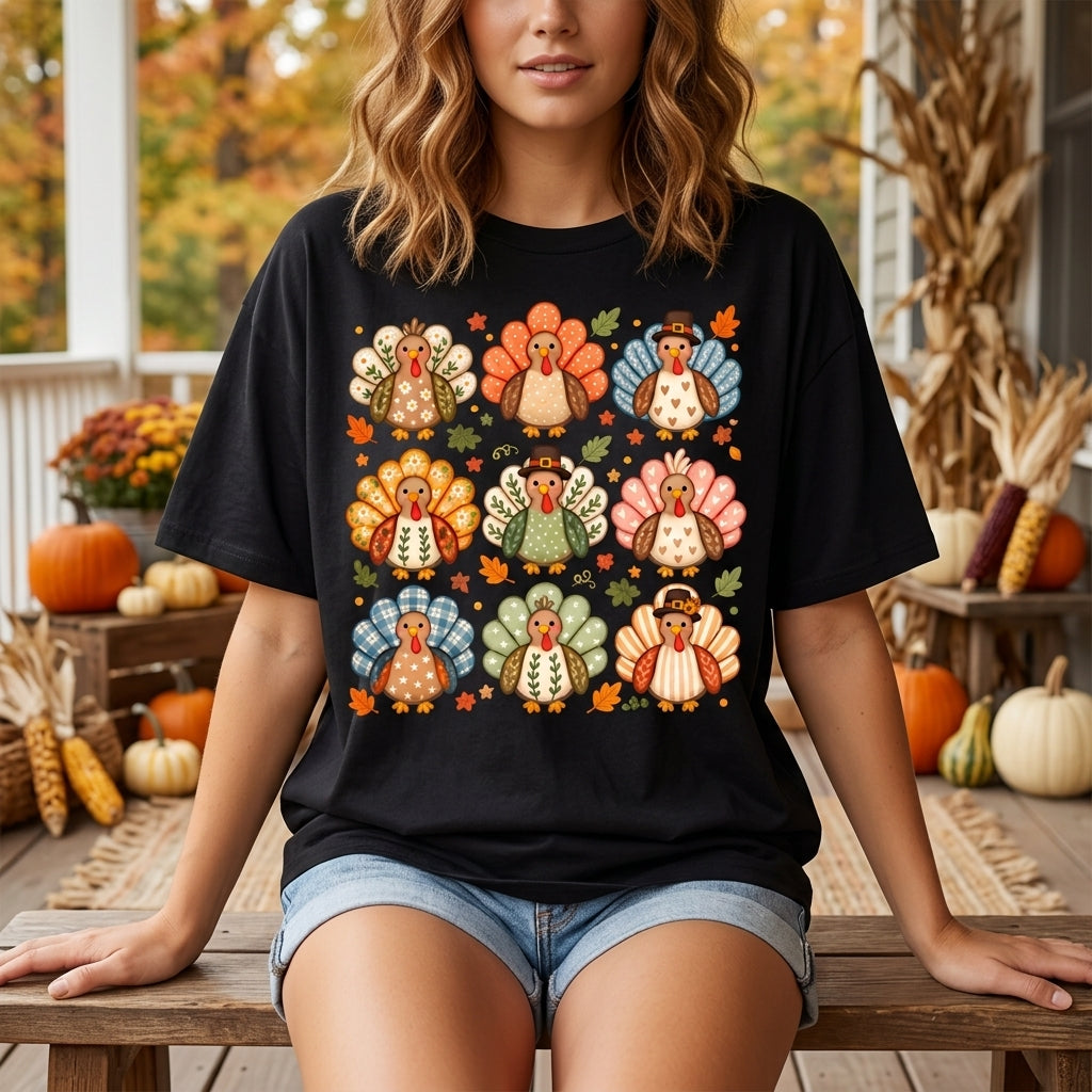Boho Turkey Grid Thanksgiving T-shirt Sweatshirt Hoodie – Whimsical Preppy Fall Gift for Women - mockup 3