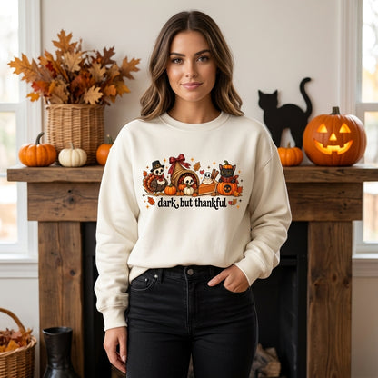 Dark But Thankful Spooky Thanksgiving Sweatshirt – Gothic Skeleton Turkey Fall Top - mockup 1