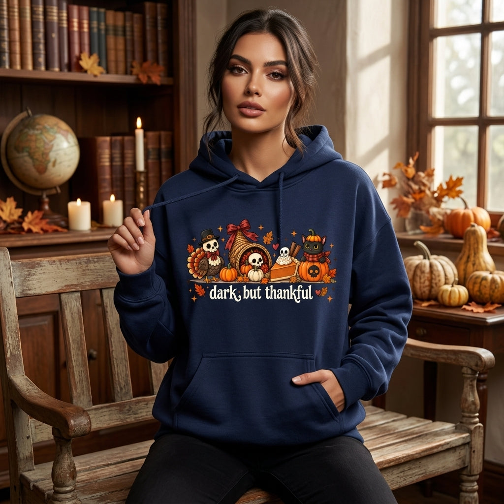 Dark But Thankful Spooky Thanksgiving Sweatshirt – Gothic Skeleton Turkey Fall Top - mockup 2