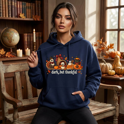 Dark But Thankful Spooky Thanksgiving Sweatshirt – Gothic Skeleton Turkey Fall Top - mockup 2