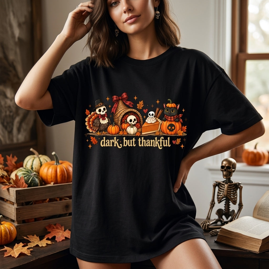 Dark But Thankful Spooky Thanksgiving Sweatshirt – Gothic Skeleton Turkey Fall Top - mockup 3