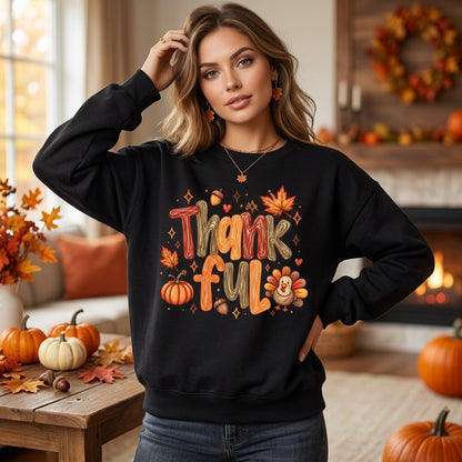 Retro Thankful Fall Typography Sweatshirt – Cozy Thanksgiving Graphic T-shirt for Women - mockup 3