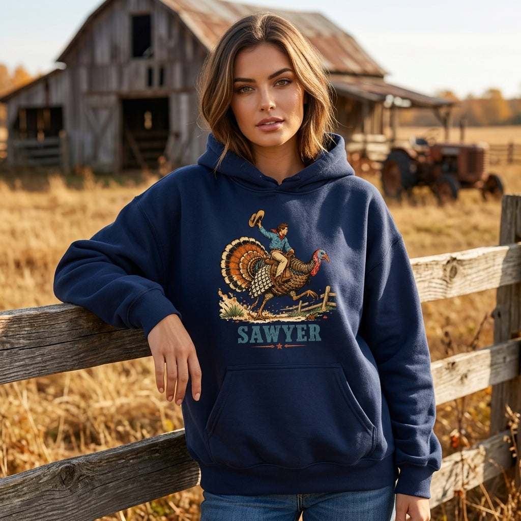 Personalized Cowboy Turkey Thanksgiving T-shirt Sweatshirt Hoodie – Custom Name Boys Western Tee - mockup 2