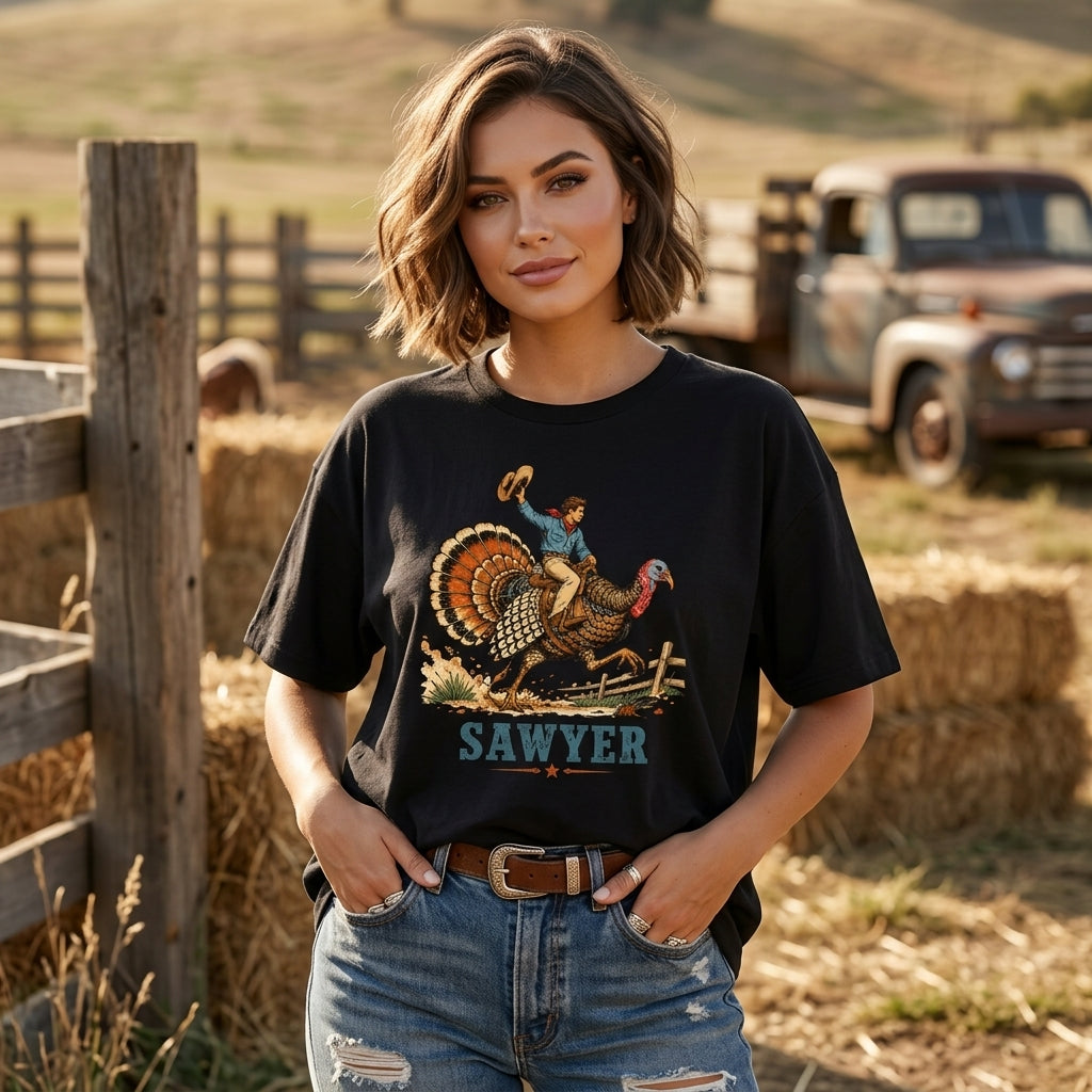 Personalized Cowboy Turkey Thanksgiving T-shirt Sweatshirt Hoodie – Custom Name Boys Western Tee - mockup 3
