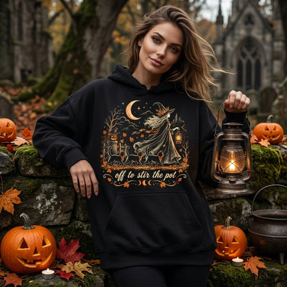 Off to Stir The Pot Witch and Black Cat Halloween T-shirt Sweatshirt Hoodie - mockup 1